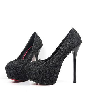 black sheen high heel pumps