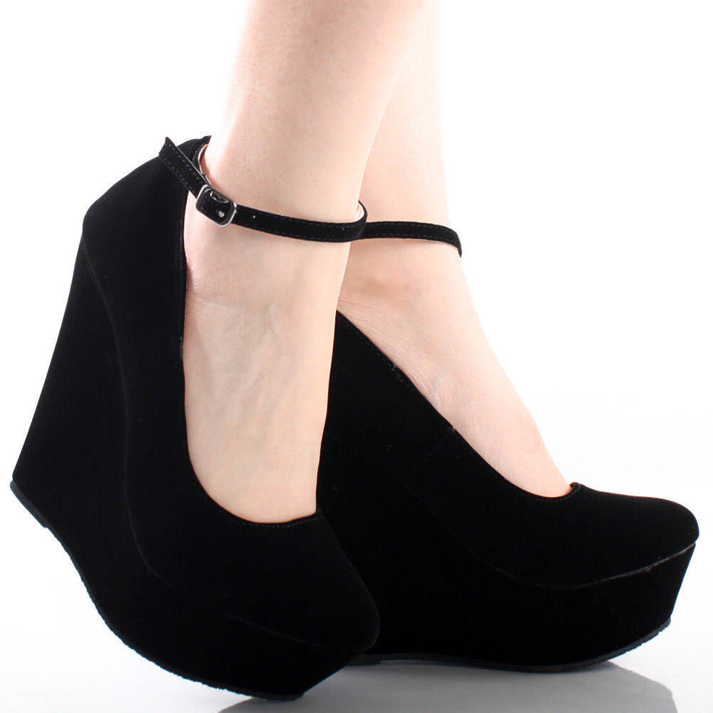 Black Closed Toe Wedges With Ankle Strap