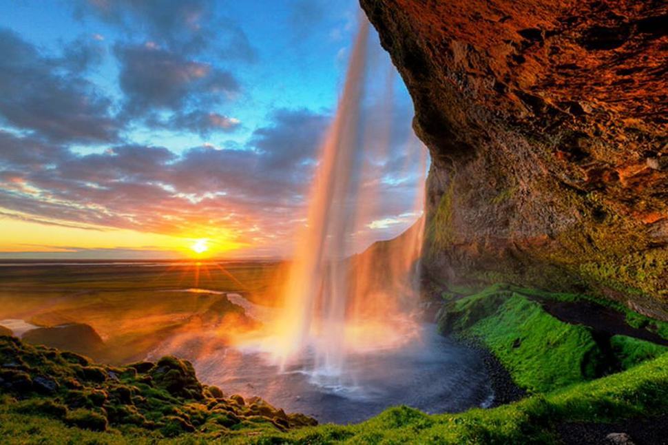 Beautiful Mountain Waterfall Sunset